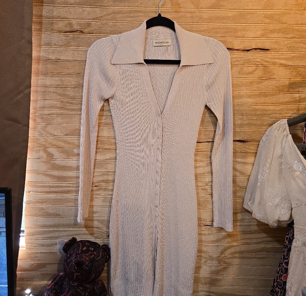 NICHOLAS Ribbed Button-Front Mini Dress in Light Beige - Picture 3 of 6